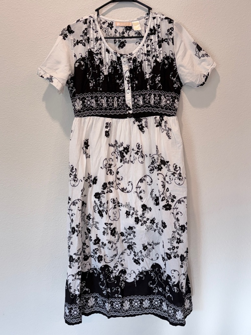 LA CERA Black White Cotton Floral Scroll Border Dress Folk Bandana Resort Boho S